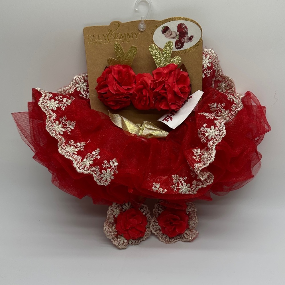 Emmy & Emmy‎ Red Floral Baby 3 pc Tutu set with Gold Accents 0-12mos